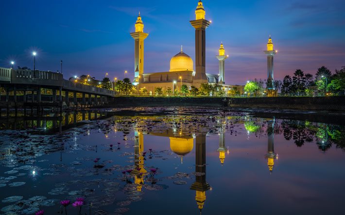 술탄 살라후딘 압둘 아지즈 모스크, 밤, 블루 모스크, 이슬람교, 샤 알람, 사원, 경계표, 셀랑고르, 말레이시아