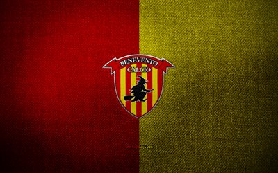Benevento badge, 4k, red yellow fabric background, Serie B, Benevento logo, Benevento emblem, sports logo, Benevento flag, italian football club, Benevento Calcio, soccer, football, Benevento FC