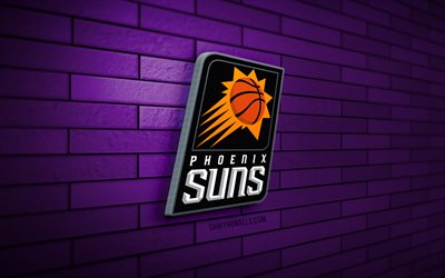 logo phoenix suns 3d, 4k, brickwall violet, nba, basket-ball, logo phoenix suns, équipe américaine de basket-ball, logo de sport, phoenix suns