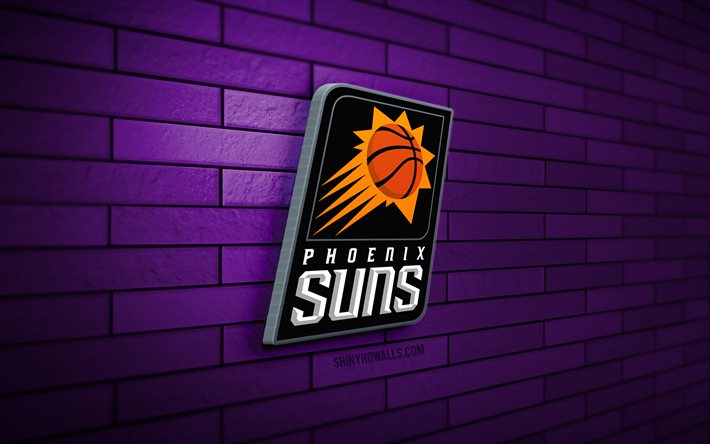 phoenix suns 3d-logo, 4k, violette ziegelwand, nba, basketball, phoenix suns-logo, amerikanisches basketballteam, sportlogo, phoenix suns