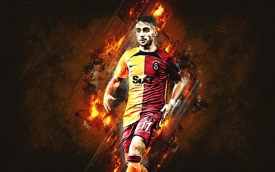 yunus akgun, galatasaray, jugador de fútbol turco, centrocampista, fondo de piedra naranja, fútbol, turquía, super lig, arte grunge