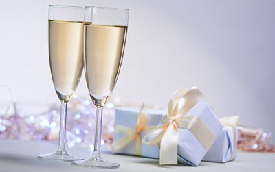 4k, champagne, purple gift boxes, Happy New Year, champagne glasses, party, champagne concepts, New Year gifts