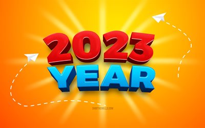 felice anno nuovo 2023, 4k, 2023 sfondo 3d, sfondo giallo 2023, concetto 2023, biglietto di auguri 2023, 2023 felice anno nuovo, arte creativa 2023