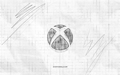 xbox sketch logo, 4k, papel quadriculado de fundo, xbox black logo, marcas, logo esboços, xbox logo, desenho a lápis, xbox