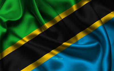 drapeau de la tanzanie, 4k, les pays africains, les drapeaux de satin, le drapeau de la tanzanie, le jour de la tanzanie, les drapeaux ondulés de satin, le drapeau tanzanien, les symboles nationaux tanzaniens, l afrique, la tanzanie