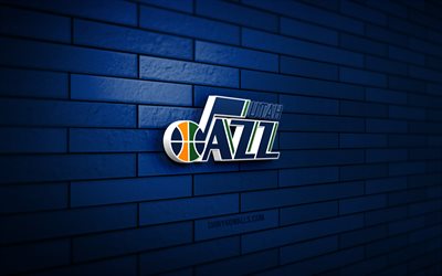 logo utah jazz 3d, 4k, mur de briques bleu, nba, basket-ball, logo utah jazz, équipe américaine de basket-ball, logo de sport, utah jazz