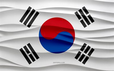 4k, Flag of South Korea, 3d waves plaster background, South Korea flag, 3d waves texture, South Korea national symbols, Day of South Korea, Asia countries, 3d South Korea flag, South Korea, Asia