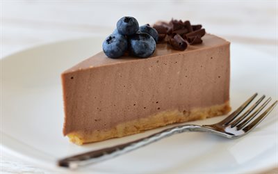 chocolate cheesecake with blueberries, 4k, chocolate cake, cheesecake with cocoa, blueberries, baking, cheesecake, cakes