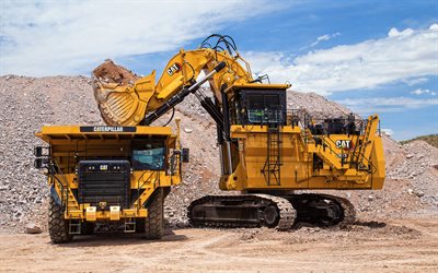 Caterpillar 777G, Caterpillar 6030, LKW, 2022 excavators, special equipment, mining excavators, quarry, cargo transport, Red Mack Granite, dump trucks, CAT 6030, mining trucks, excavators, trucks, Caterpillar