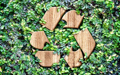 reciclagem de placa de madeira, folhas verdes de fundo, 4k, eco conceitos, reciclagem de sinal, meio ambiente, salve a terra, reciclagem, ecologia