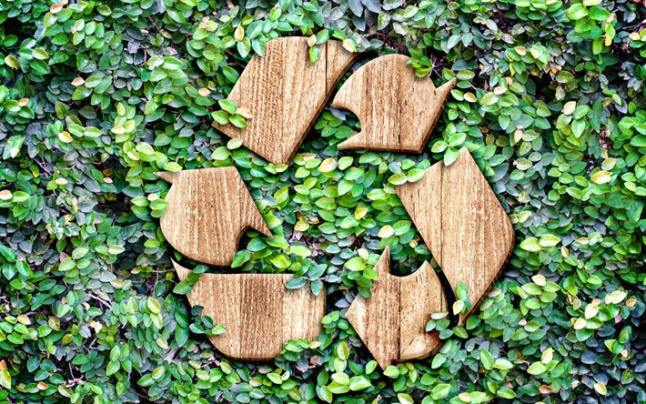 riciclaggio cartello in legno, foglie verdi sfondo, 4k, concetti eco, segno di riciclaggio, ambiente, salva la terra, riciclaggio, ecologia