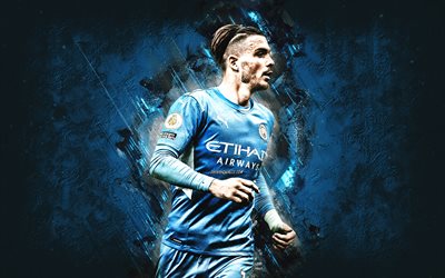 jack grealish, manchester city fc, jugador de fútbol inglés, centrocampista, retrato, fondo de piedra azul, inglaterra, fútbol, premier league