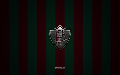 fluminense fc-logo, brasilianischer fußballverein, brasilianische serie a, burgundergrüner kohlenstoffhintergrund, fluminense fc-emblem, fußball, fluminense fc, brasilien, fluminense fc-silbermetalllogo
