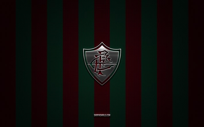 fluminense fc-logo, brasilianischer fußballverein, brasilianische serie a, burgundergrüner kohlenstoffhintergrund, fluminense fc-emblem, fußball, fluminense fc, brasilien, fluminense fc-silbermetalllogo