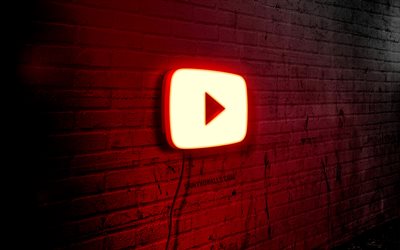유튜브 네온 로고, 4k, 붉은 벽돌 벽, 그런지 아트, 창의적인, 와이어에 로고, 유튜브 레드 로고, 소셜 네트워크, 유튜브 로고, 삽화, 유튜브