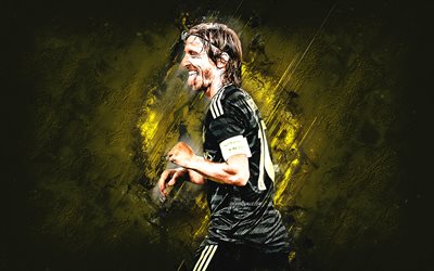 luka modric, o real madrid, croata jogador de futebol, meio-campista, a liga, espanha, futebol, pedra amarela de fundo