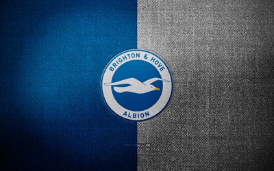 Brighton and Hove Albion badge, 4k, blue white fabric background, Premier League, Brighton and Hove Albion logo, sports logo, Brighton and Hove Albion flag, english football club, soccer, football, Brighton and Hove Albion FC