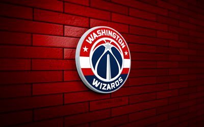 logo washington wizards 3d, 4k, muro di mattoni rossi, nba, basket, logo washington wizards, squadra di basket americana, logo sportivo, washington wizards