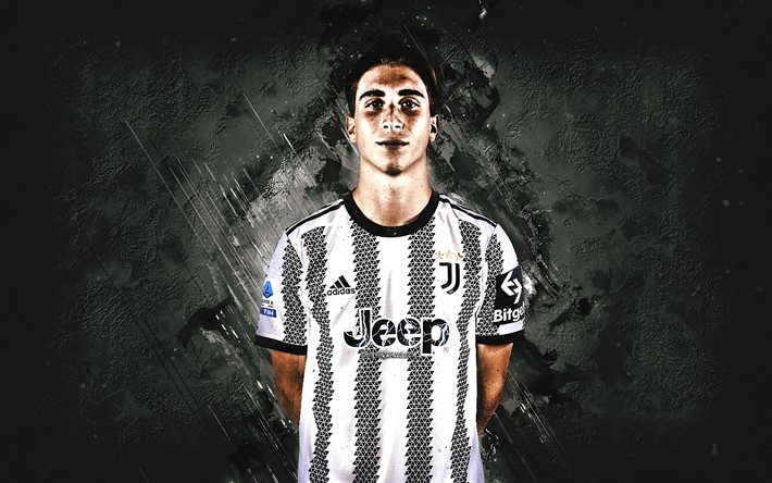 Fabio Miretti, Juventus FC, Italian football player, midfielder, portrait, Serie A, Italy, football, white stone background