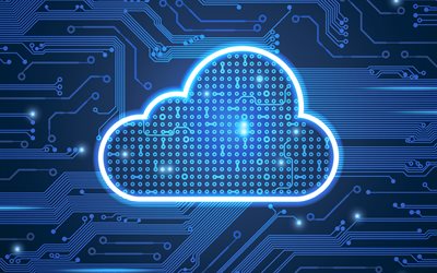 cloud technology, 4k, blue cloud background, digital cloud, Cloud computing, cloud storage, digital data, blue scheme, texture, motherboard texture, networks background