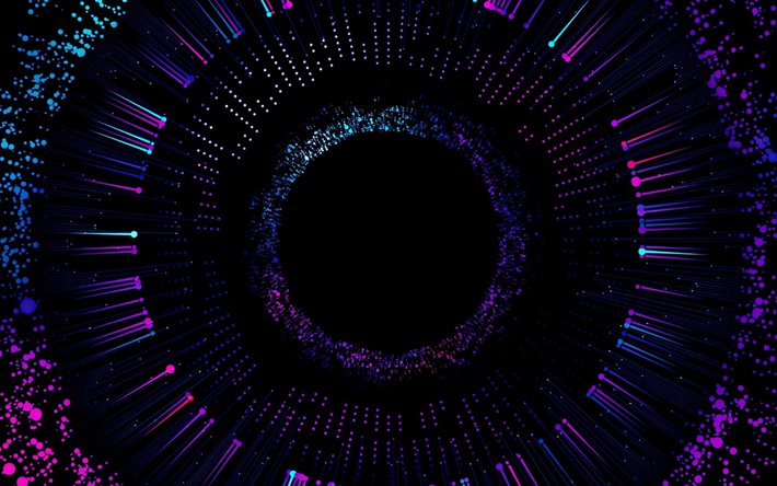 anillos abstractos violetas, 4k, creativo, círculo negro, agujero negro abstracto, fondos abstractos, fondos abstractos violetas, agujero negro