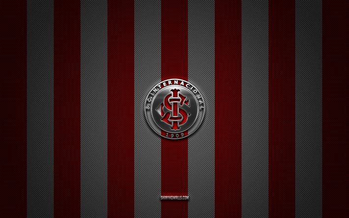 SC Internacional logo, Brazilian football club, Brazilian Serie A, red white carbon background, SC Internacional emblem, football, SC Internacional, Brazil, SC Internacional silver metal logo