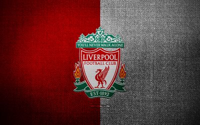Liverpool FC badge, 4k, red white fabric background, Premier League, Liverpool FC logo, Liverpool FC emblem, sports logo, Liverpool FC flag, english football club, Liverpool, soccer, football, Liverpool FC