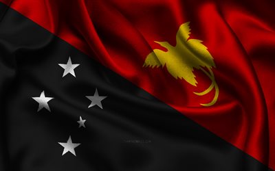 bandiera della papua nuova guinea, 4k, paesi dell oceania, bandiere di raso, giorno della papua nuova guinea, bandiere di raso ondulate, simboli nazionali della papua nuova guinea, oceania, papua nuova guinea