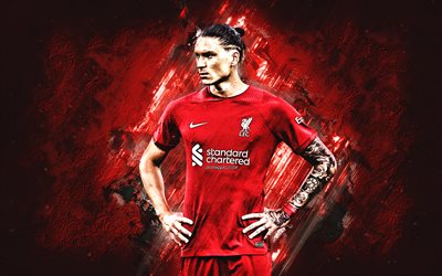 Darwin Nunez, Liverpool FC, Uruguayan football player, forward, red stone background, Premier League, England, football