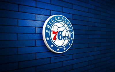 philadelphia 76ers logotipo 3d, 4k, azul brickwall, nba, basquete, philadelphia 76ers logotipo, time de basquete americano, esportes logotipo, philadelphia 76ers