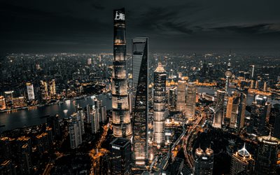 4k, Shanghai, night, metropolis, Shanghai World Financial Center, Shanghai Tower, Jin Mao Tower, Jinmao Building, Shanghai panorama, Shanghai cityscape, Shanghai skyscrapers, Huangpu River