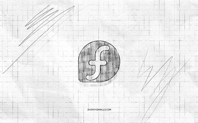 Fedora sketch logo, 4K, checkered paper background, Linux, Fedora black logo, brands, Fedora Linux, logo sketches, Fedora logo, pencil drawing, Fedora