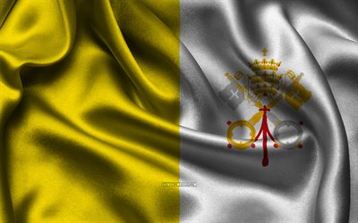 バチカン市国の旗, 4k, ヨーロッパ諸国, サテンフラグ, バチカン市国の日, 波状のサテンの旗, バチカン旗, バチカンの国のシンボル, ヨーロッパ, バチカン市