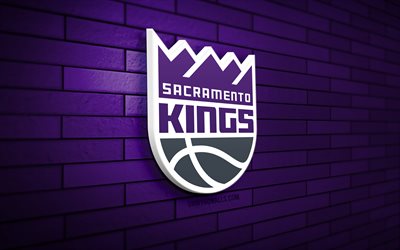 logotipo 3d de sacramento kings, 4k, pared de ladrillo violeta, nba, baloncesto, logotipo de sacramento kings, equipo de baloncesto estadounidense, logotipo deportivo, sacramento kings