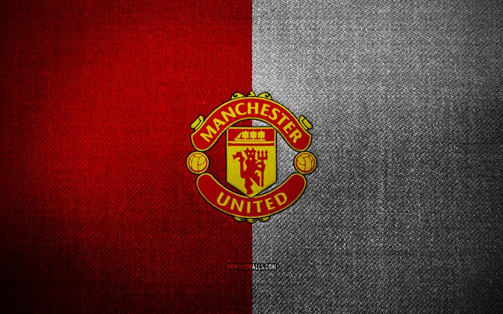 Manchester United badge, 4k, red white fabric background, Premier League, Manchester United logo, Manchester United emblem, sports logo, Manchester United flag, Man United, soccer, football, Manchester United FC