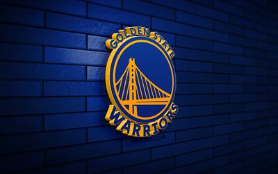 logo golden state warriors 3d, 4k, mur de briques bleu, nba, basket-ball, logo golden state warriors, équipe américaine de basket-ball, logo de sport, golden state warriors