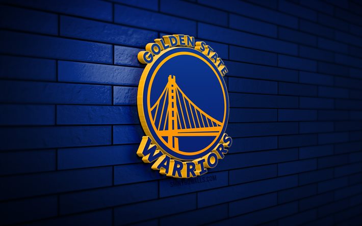 logo golden state warriors 3d, 4k, mur de briques bleu, nba, basket-ball, logo golden state warriors, équipe américaine de basket-ball, logo de sport, golden state warriors