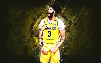 Anthony Davis, Los Angeles Lakers, NBA, american basketball player, yellow stone background, basketball, USA, National Basketball Association